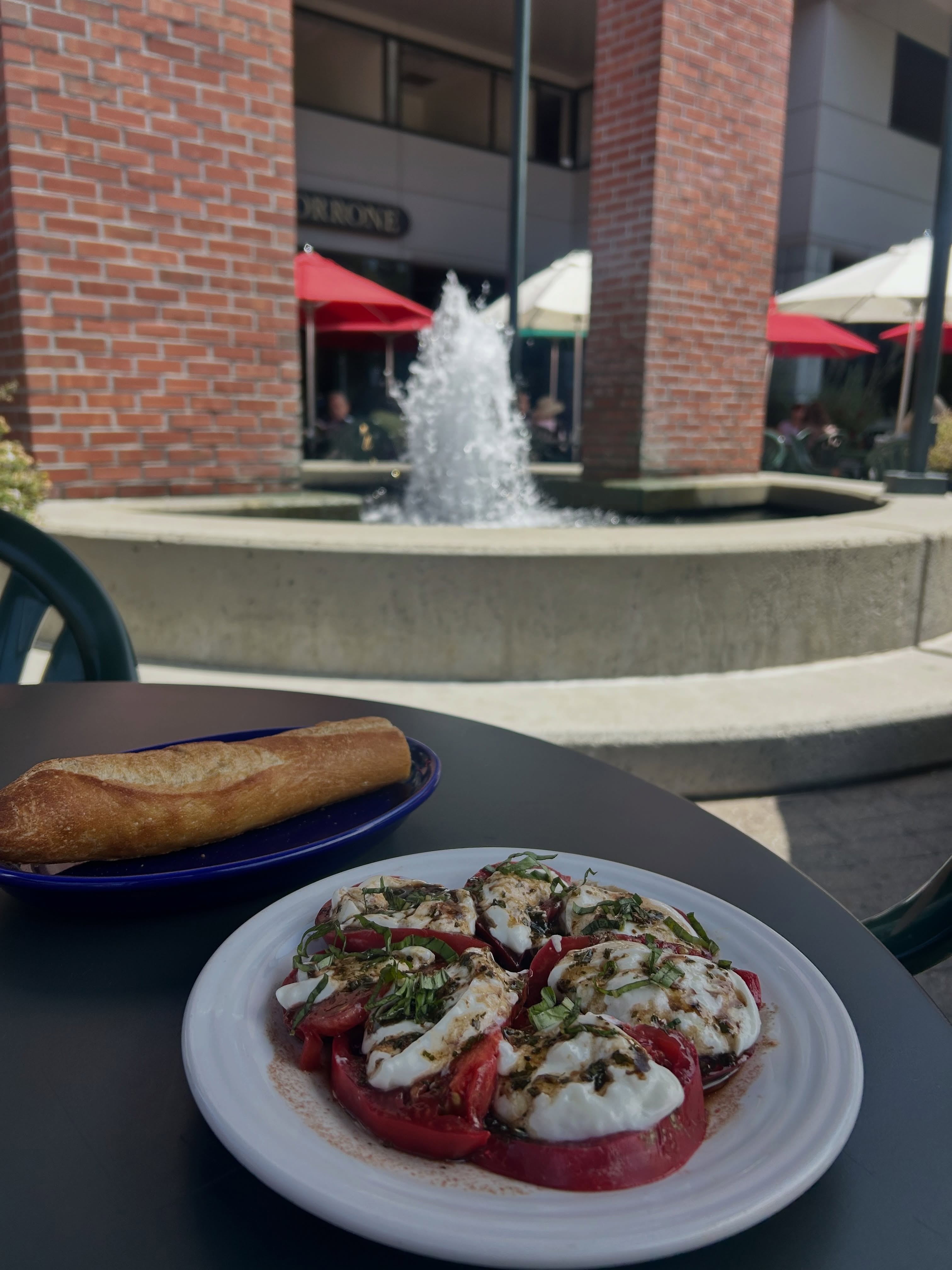 Caprese salad with baguette on the patio table