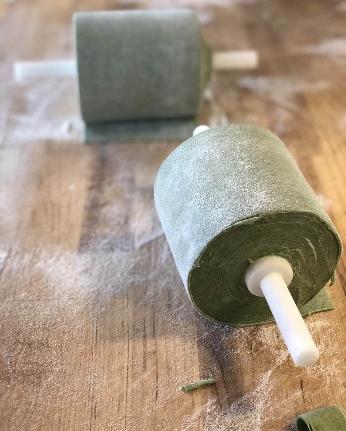 Fresh spinach pasta rolled by hand in the Cafe Borrone kitchen